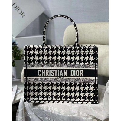 Dior Medium Book Tote Bag In Black Houndstooth Embroidery