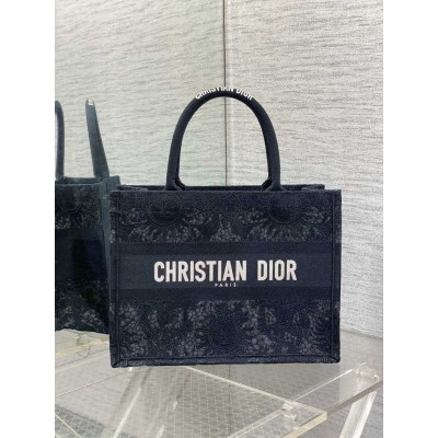 Dior Medium Book Tote Bag in Black Toile de Jouy Soleil Macrame Embroidery