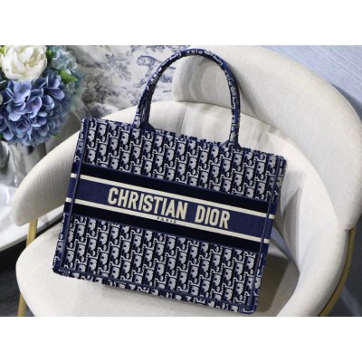 Dior Medium Book Tote Bag In Blue Velvet Oblique Embroidered