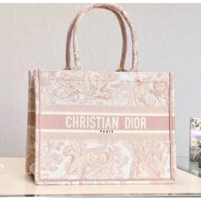 Dior Medium Book Tote Bag In Pink Toile De Jouy Embroidery