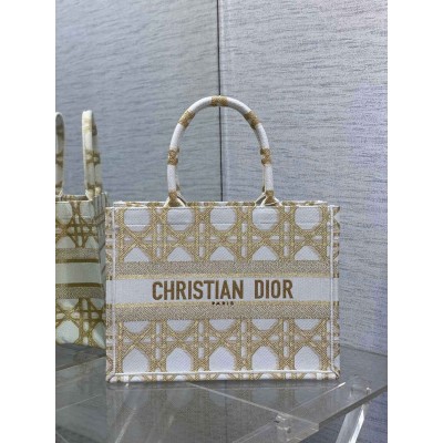 Dior Medium Book Tote Bag in White and Gold Macrocannage Embroidery