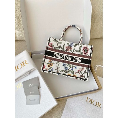 Dior Medium Book Tote Bag In White Dior Petites Fleurs Embroidery