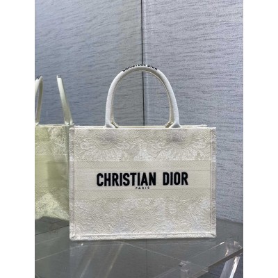 Dior Medium Book Tote Bag in White Toile de Jouy Soleil Macrame Embroidery