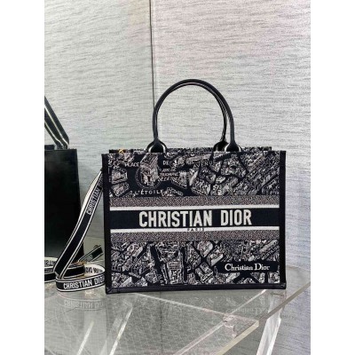 Dior Medium Book Tote Bag with Strap in Plan de Paris Embroidery and Black Calfskin