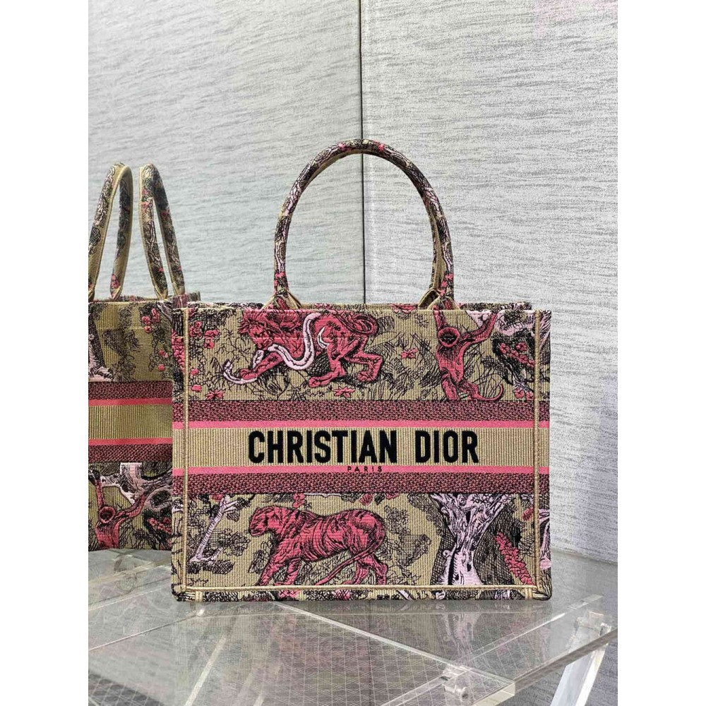 Dior Medium Dioriviera Book Tote in Raffia with Pink Toile de Jouy Sauvage Embroidery