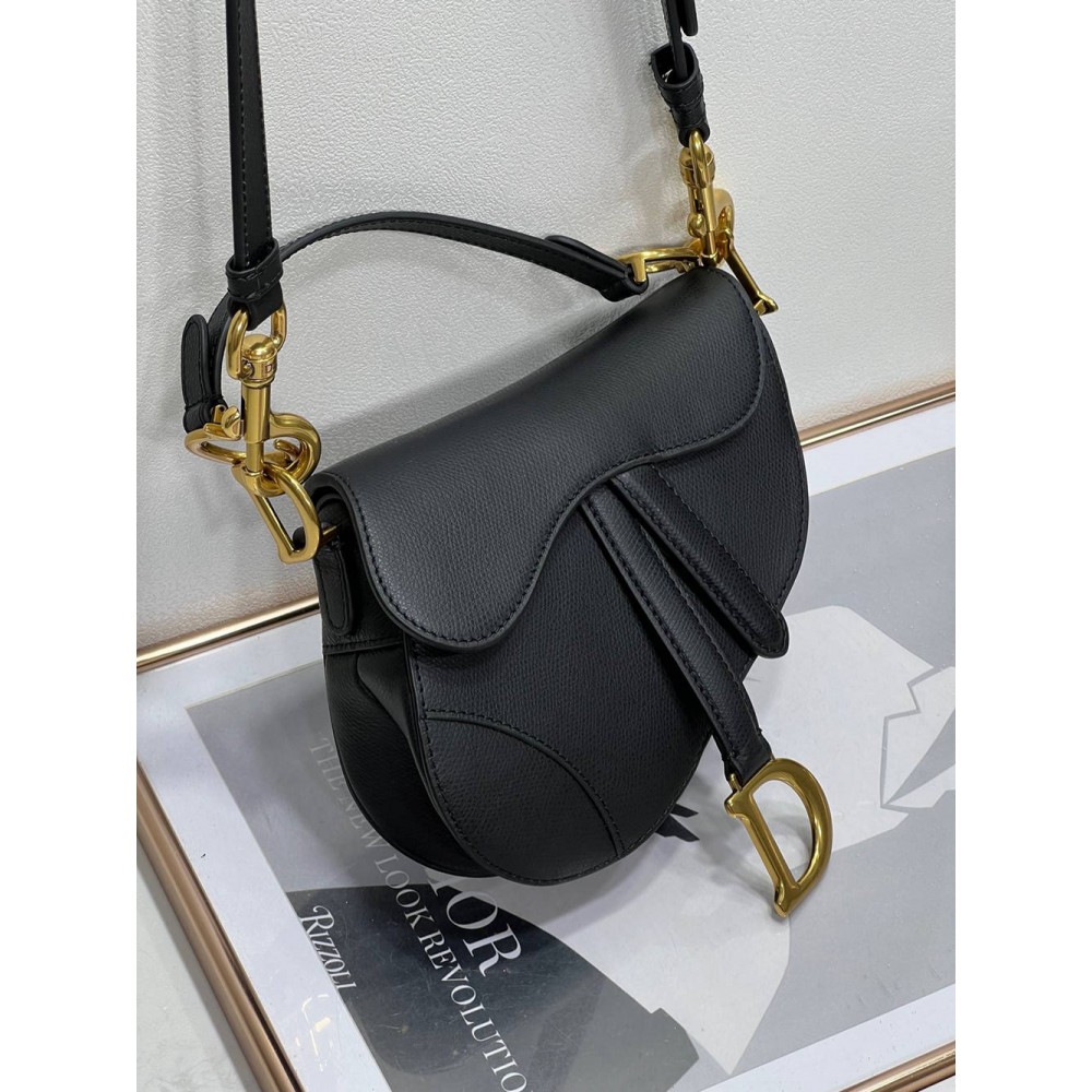 Dior Mini Saddle Bag with Strap in Black Grained Calfskin