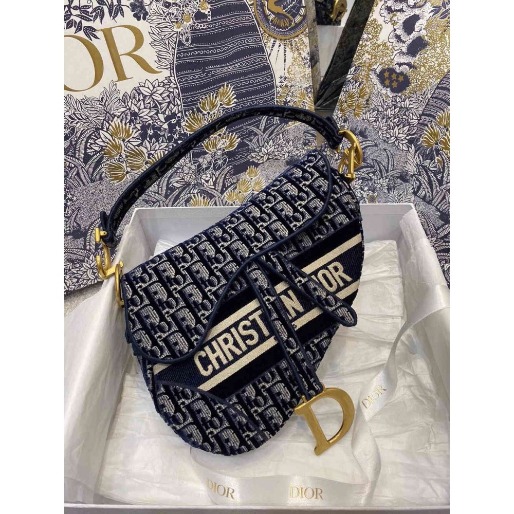 Dior Saddle Bag In Blue Velvet Oblique Embroidered