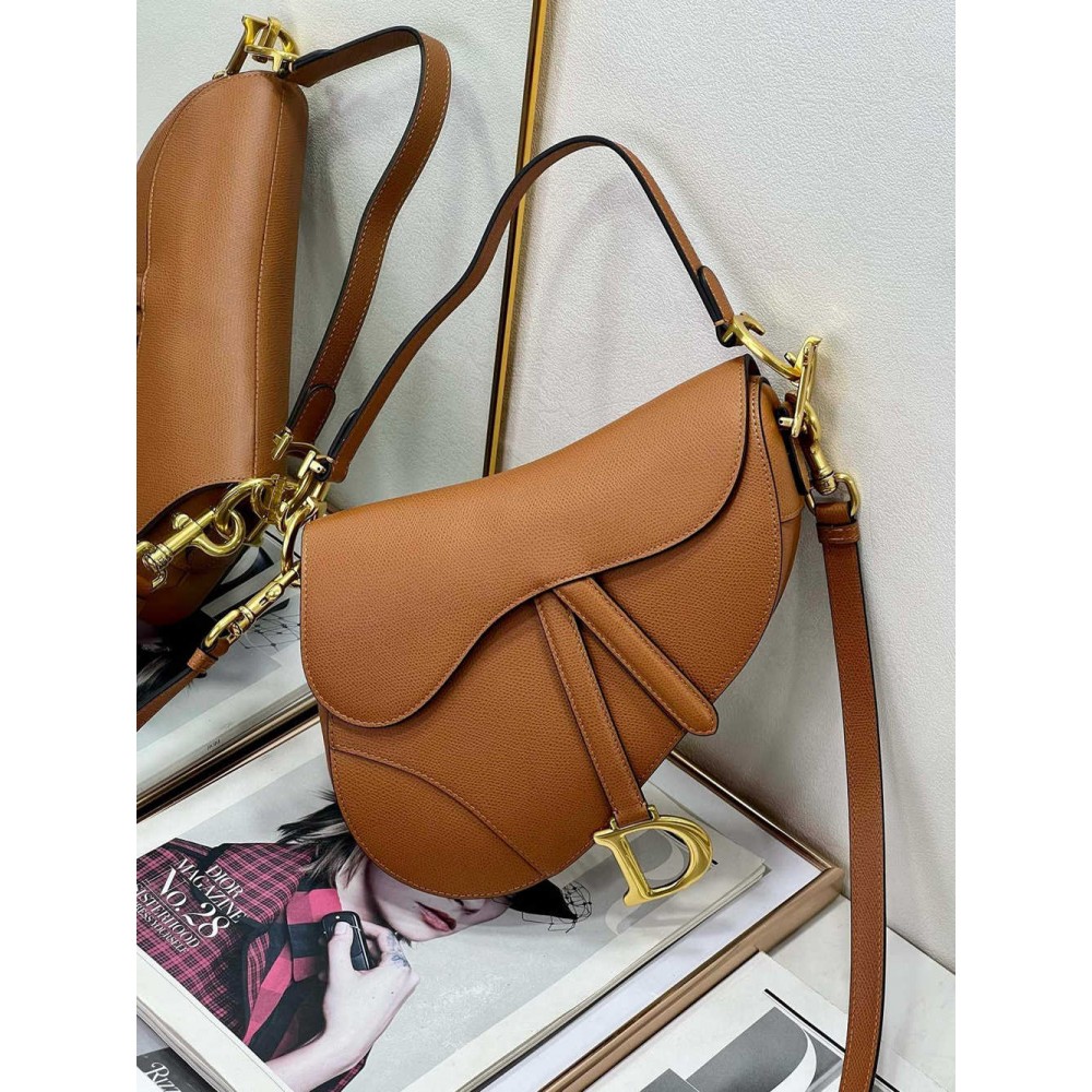 Dior Saddle Bag with Strap in Brown Grained Calfskin