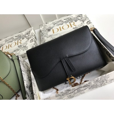 Dior Saddle Chain Pouch In Black Grained Calfskin