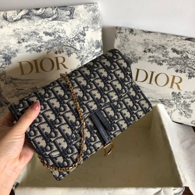 Dior Saddle Chain Pouch In Blue Dior Oblique Jacquard