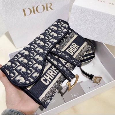 Dior Saddle Slim Pouch In Blue Dior Oblique Canvas