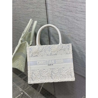 Dior Small Book Tote Bag In Natural Macrame-Effect Embroidery