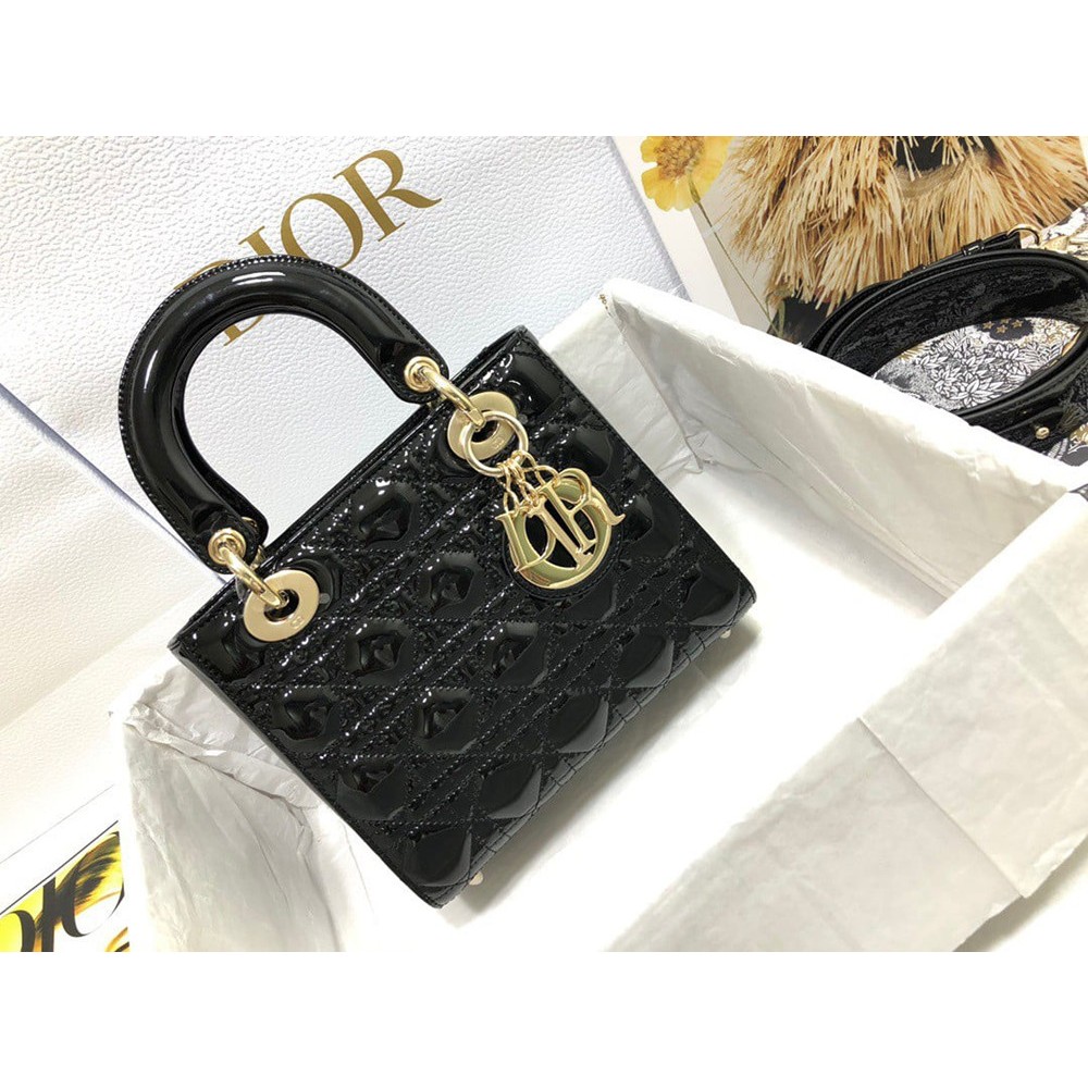 Dior Small Lady Dior Bag In Black Patent Cannage Calfskin