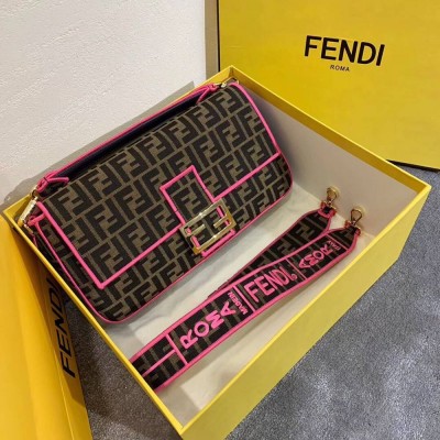 Fendi Baguette Large Bag In FF Fabric With Pink Trim TDBS25605