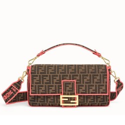 Fendi Baguette Large Bag In FF Fabric With Pink Trim TDBS25605