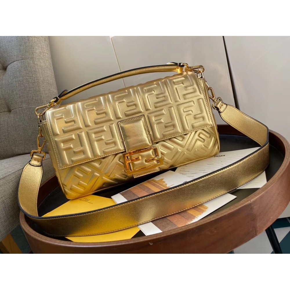 Fendi Baguette Large Bag In Gold Lambskin With FF Motif TDBS25606