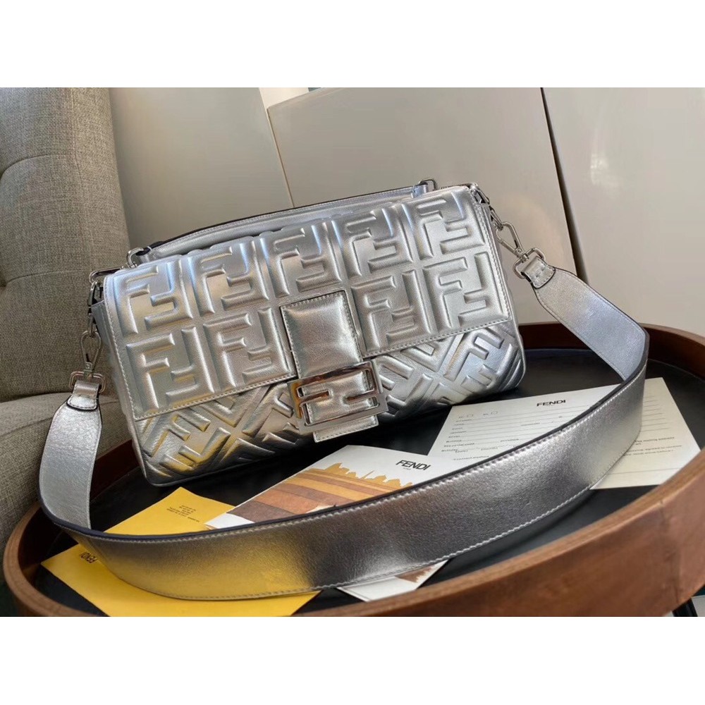 Fendi Baguette Large Bag In Silver Lambskin With FF Motif TDBS25607