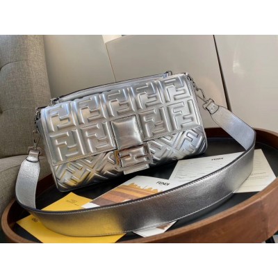 Fendi Baguette Large Bag In Silver Lambskin With FF Motif TDBS25607