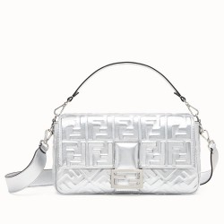 Fendi Baguette Large Bag In Silver Lambskin With FF Motif TDBS25607