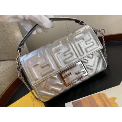 Fendi Baguette Mini Bag In Silver Lambskin With FF Motif TDBS25617