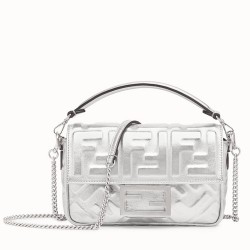 Fendi Baguette Mini Bag In Silver Lambskin With FF Motif TDBS25617