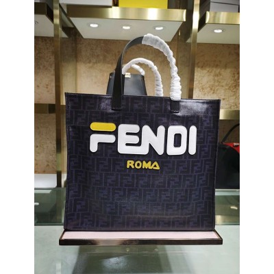 Fendi Black Glazed Fabric Shopper White Logo Bag TDBS25863