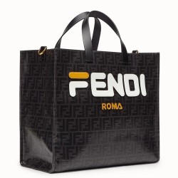 Fendi Black Glazed Fabric Shopper White Logo Bag TDBS25863