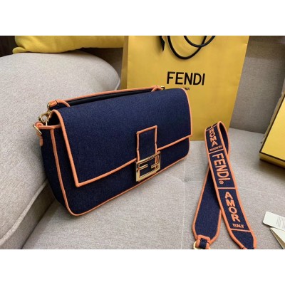 Fendi Large Baguette Bag In Blue Denim With Orange Trim TDBS25622