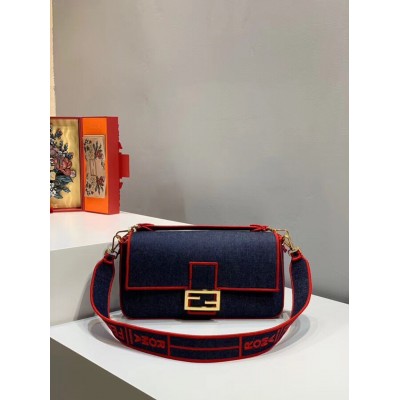 Fendi Large Baguette Bag In Blue Denim With Red Trim TDBS25623