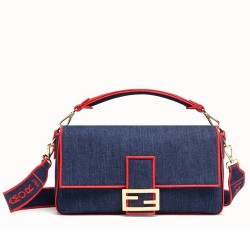 Fendi Large Baguette Bag In Blue Denim With Red Trim TDBS25623