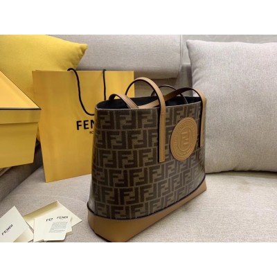 Fendi Logo Shopper Bag In Glazed Fabric With Tan Leather TDBS25872