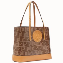 Fendi Logo Shopper Bag In Glazed Fabric With Tan Leather TDBS25872