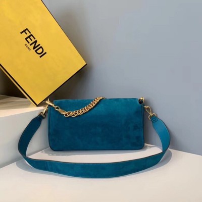 Fendi Medium Baguette Bag In Blue Suede Leather TDBS25627