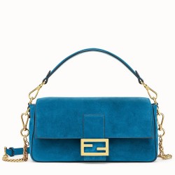 Fendi Medium Baguette Bag In Blue Suede Leather TDBS25627