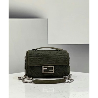 Fendi Midi Baguette Chain Bag In Green FF Fabric TDBS25634