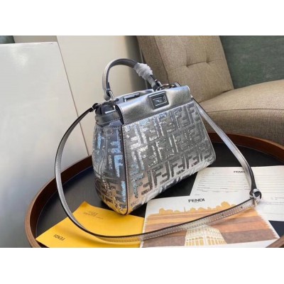 Fendi Peekaboo Mini Bag In Silver Lambskin With FF Sequins TDBS25823