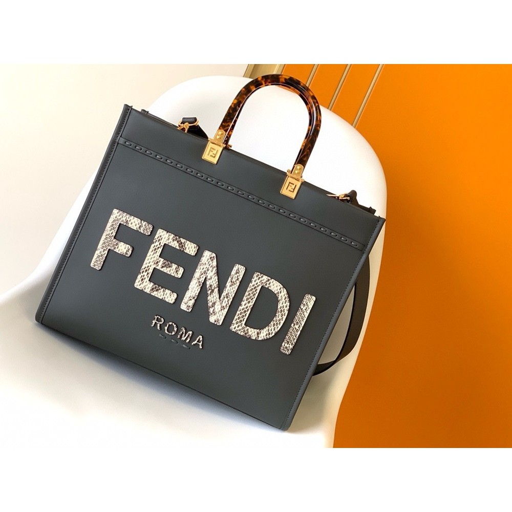 Fendi Sunshine Medium Tote Bag in Black Leather with Python Logo TDBS25892