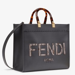 Fendi Sunshine Medium Tote Bag in Black Leather with Python Logo TDBS25892