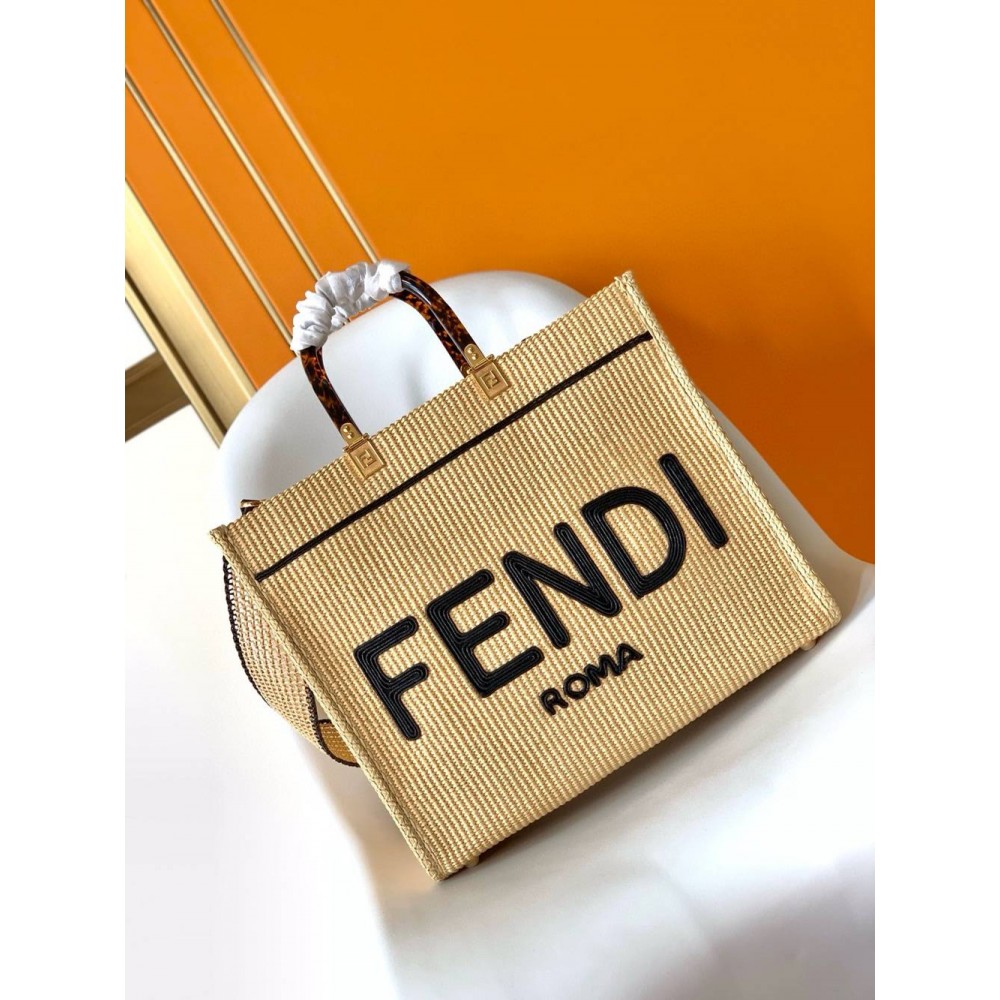 Fendi Sunshine Medium Tote Bag in Black and Natural Straw TDBS25890