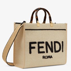 Fendi Sunshine Medium Tote Bag in Black and Natural Straw TDBS25890