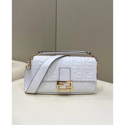 Fendi Large Baguette Bag In White FF Nappa Leather