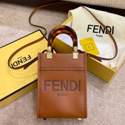 Fendi Mini Sunshine Shopper Bag In Brown Leather