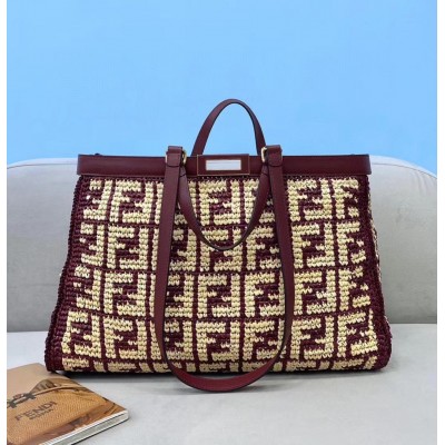 Fendi Peekaboo X-Tote Shopper In Burgundy FF Raffia