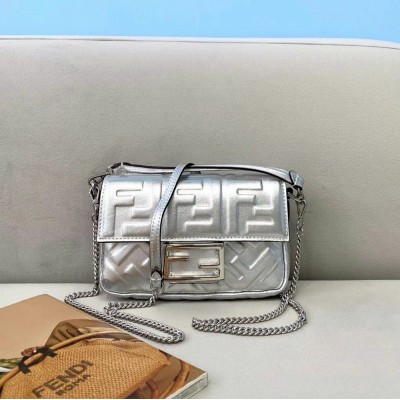 Fendi Small Baguette Bag In Silver FF Metallic Leather