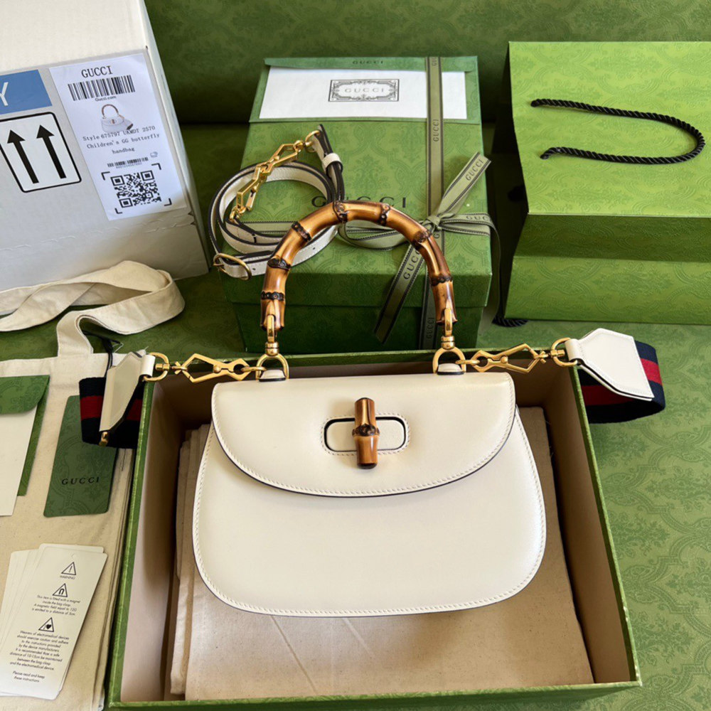 Gucci Bamboo 1947 Small Top Handle Bag in White Leather