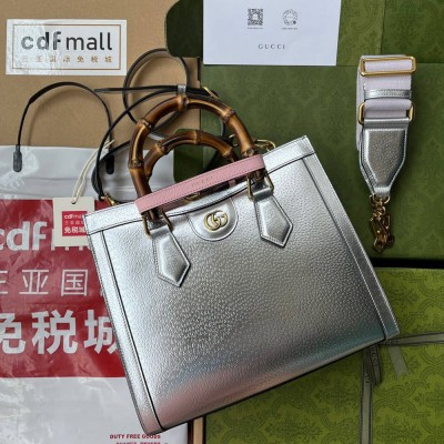 Gucci Diana Small Tote Bag in Silver Calfskin