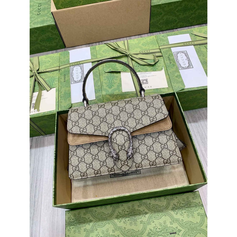 Gucci Dionysus Small Top Handle Bag in GG Canvas with Taupe Suede