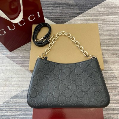 Gucci GG Emblem Small Shoulder Bag in Black GG Grained Leather