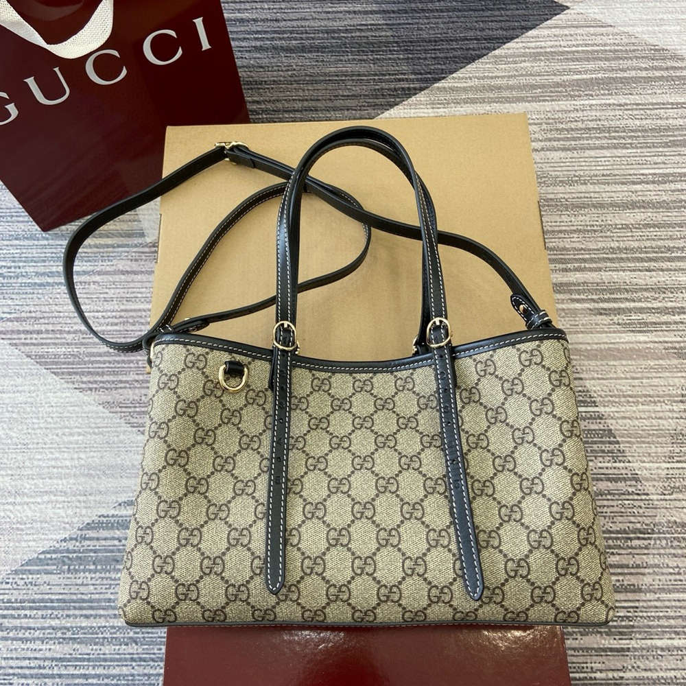 Gucci GG Emblem Small Tote Bag in Beige GG Canvas with Black Leather