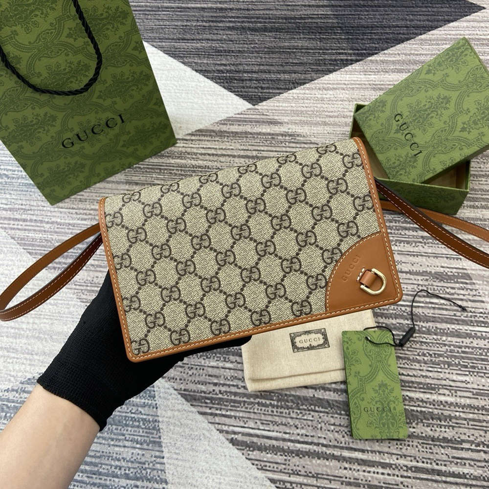 Gucci GG Emblem Super Mini Shoulder Bag in Beige GG Canvas with Brown Leather